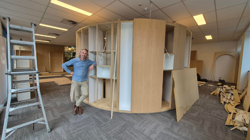 Designer Richard Browning surveys the Church House Exhibition Centre during construction