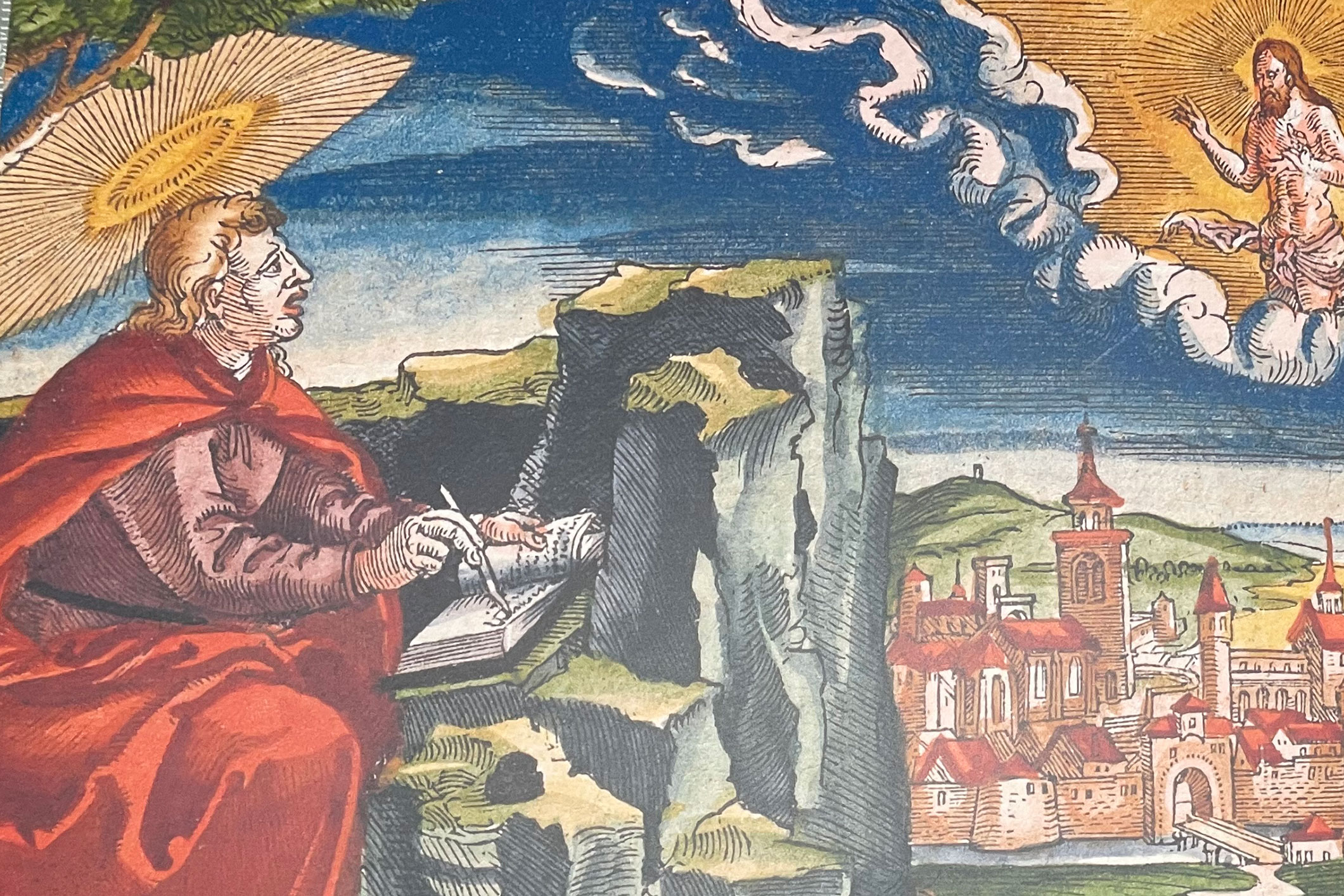 Images from the richly illustrated 1551 Luther Bible, like this one depicting the Apostle John writing his gospel, feature in Exhibition Centre displays. Photo: Grant Hancock c Australian Lutheran College