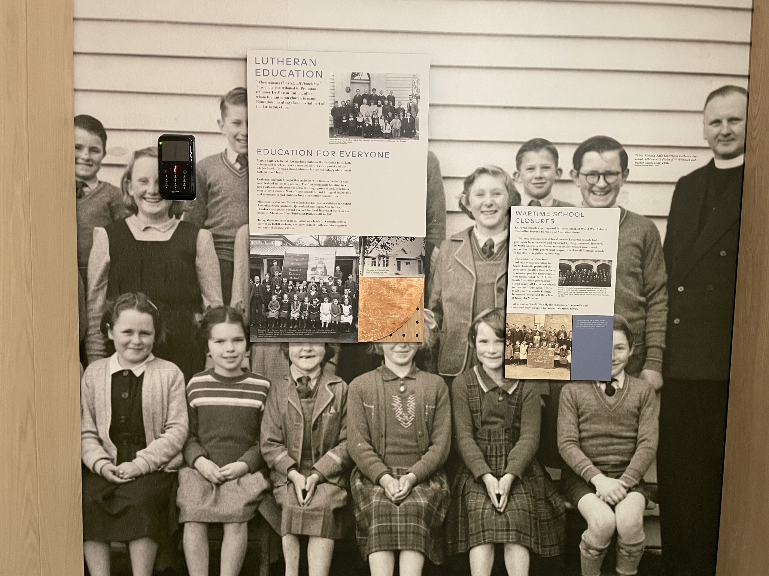 Lutheran schools have played an important role in the history of the LCA. The 1950s background photo to this display features students from Tabor, Victoria's Lake Linlithgow Lutheran school. Photo: Lutheran Archives P06727 13227 